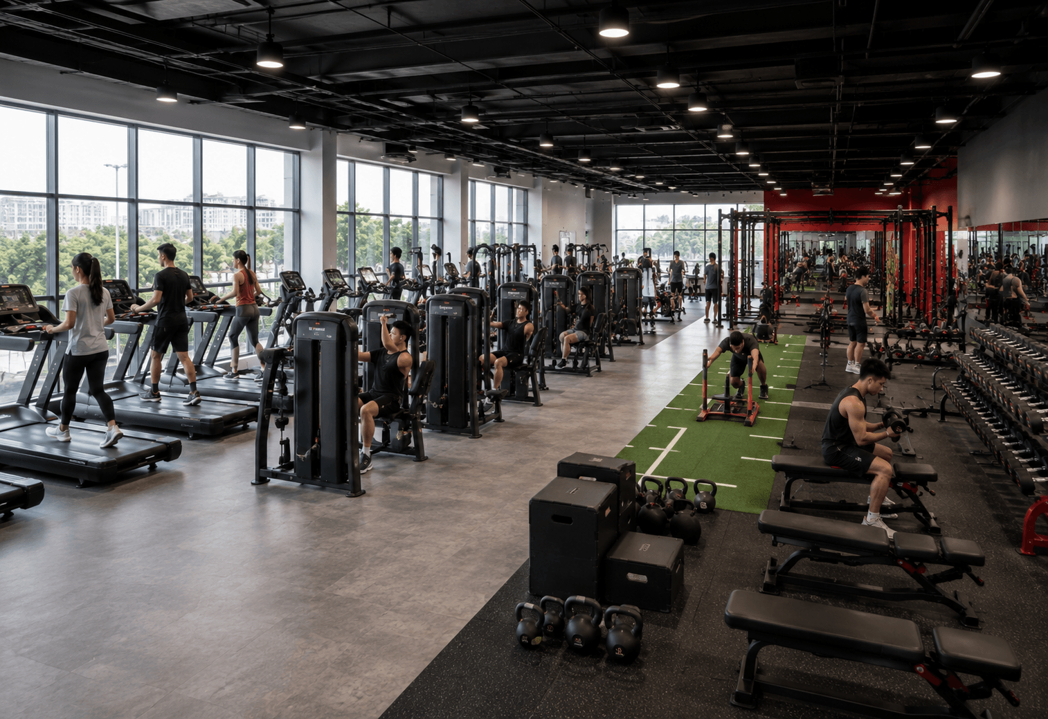 Complete Sports Activity Center Layout With Cardio, Strength, Turf, And Free-Weight Areas